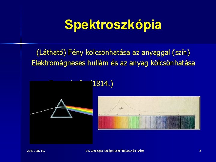 Spektroszkópia (Látható) Fény kölcsönhatása az anyaggal (szín) Elektromágneses hullám és az anyag kölcsönhatása Frauenhofer