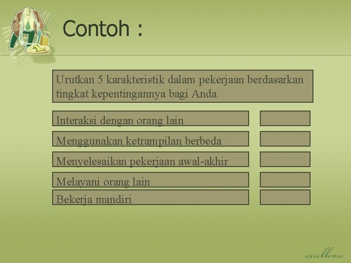 Contoh : Urutkan 5 karakteristik dalam pekerjaan berdasarkan tingkat kepentingannya bagi Anda Interaksi dengan