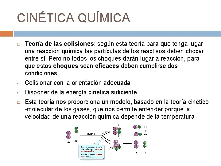 CINÉTICA QUÍMICA Teoría de las colisiones: según esta teoría para que tenga lugar una