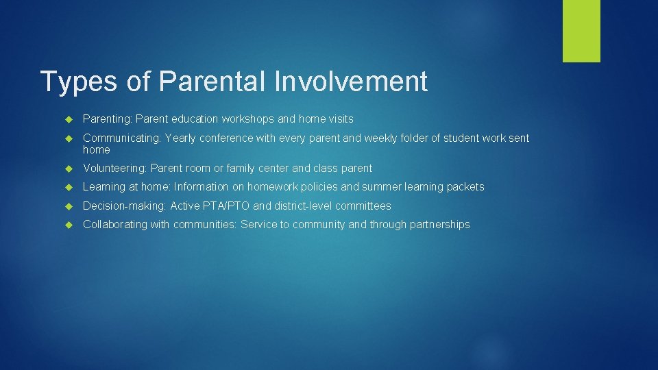 Types of Parental Involvement Parenting: Parent education workshops and home visits Communicating: Yearly conference