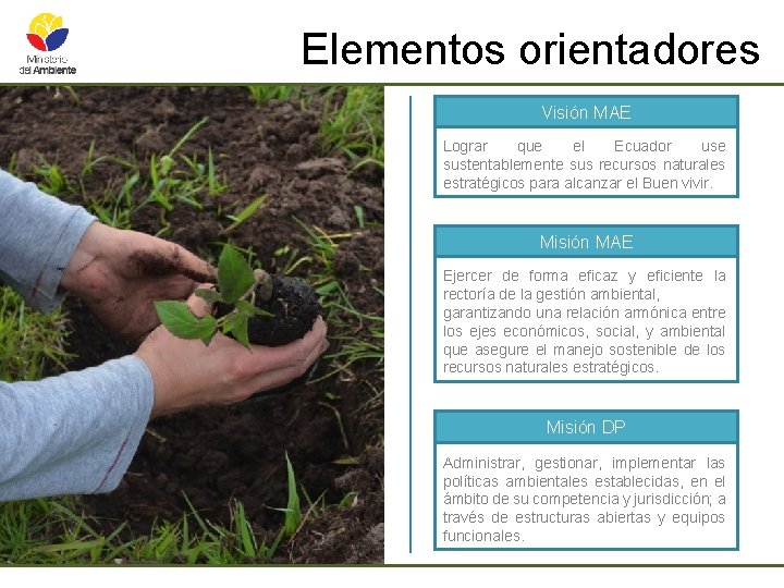 Elementos orientadores Visión MAE Lograr que el Ecuador use sustentablemente sus recursos naturales estratégicos