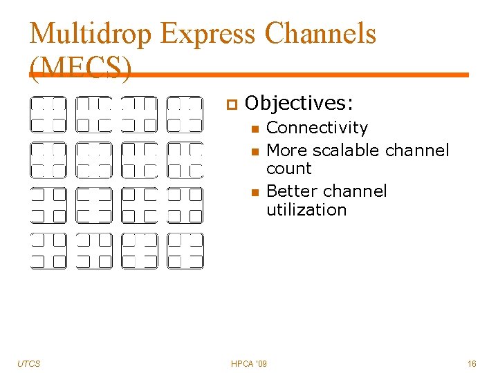 Multidrop Express Channels (MECS) Objectives: UTCS Connectivity More scalable channel count Better channel utilization