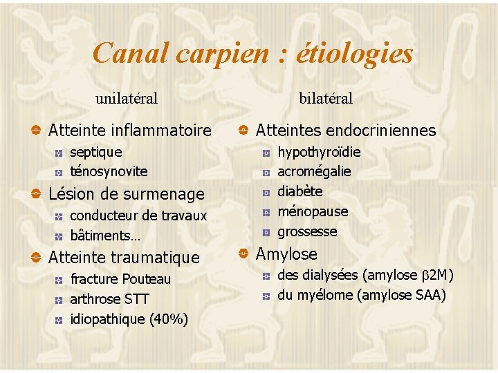 Canal carpien : étiologies unilatéral Atteinte inflammatoire septique ténosynovite Lésion de surmenage conducteur de