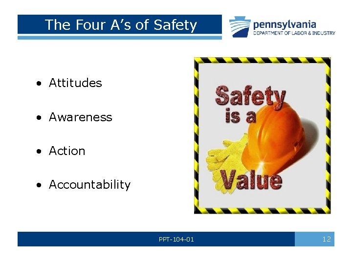  The Four A’s of Safety • Attitudes • Awareness • Action • Accountability