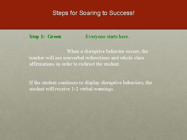 Steps for Soaring to Success! Step 1: Green Everyone starts here. When a disruptive