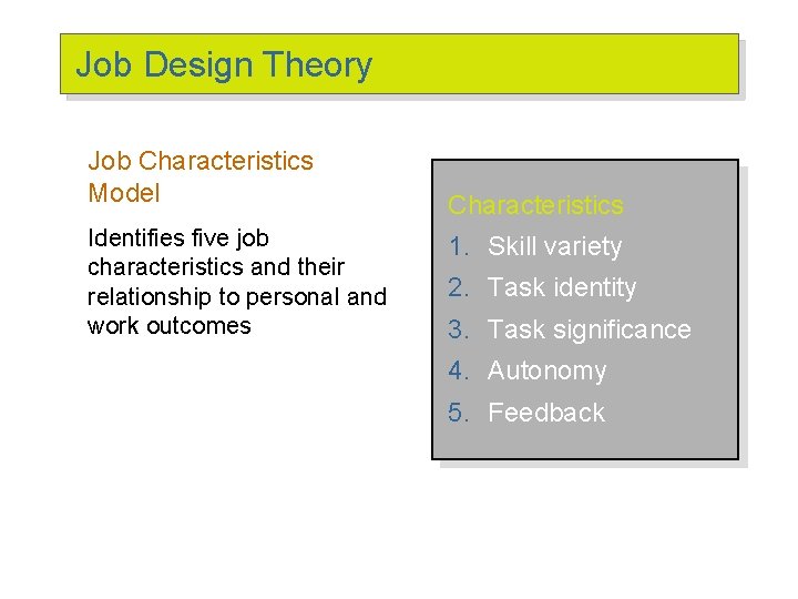 Job Design Theory Job Characteristics Model Identifies five job characteristics and their relationship to