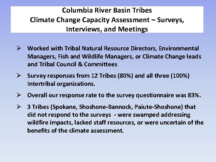 Columbia River Basin Tribes Climate Change Capacity Assessment – Surveys, Interviews, and Meetings Worked