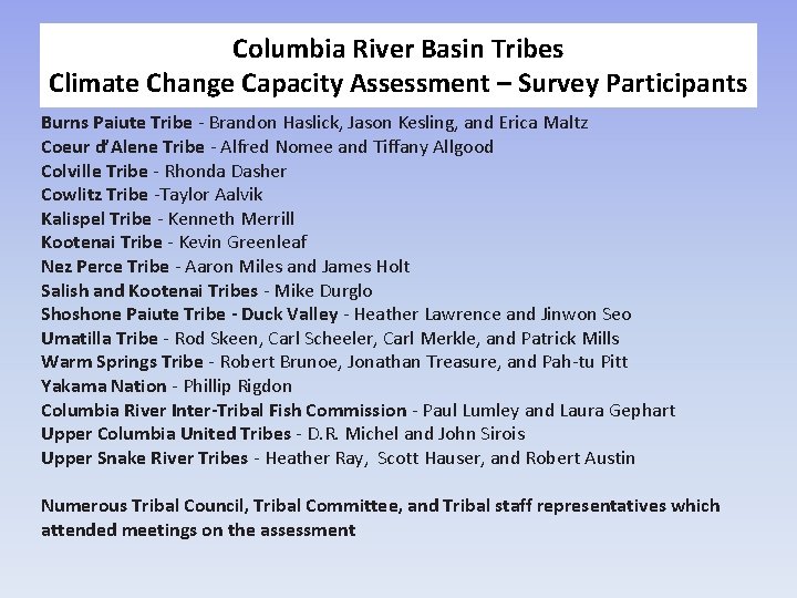 Columbia River Basin Tribes Climate Change Capacity Assessment – Survey Participants Burns Paiute Tribe