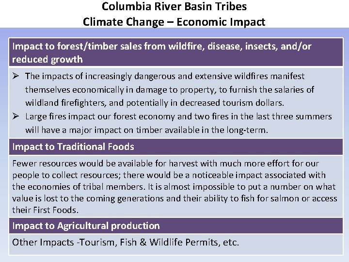 Columbia River Basin Tribes Climate Change – Economic Impact to forest/timber sales from wildfire,