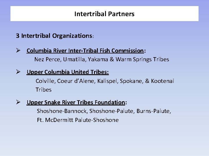 Intertribal Partners 3 Intertribal Organizations: Columbia River Inter-Tribal Fish Commission: Nez Perce, Umatilla, Yakama