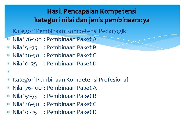 Hasil Pencapaian Kompetensi kategori nilai dan jenis pembinaannya Kategori Pembinaan Kompetensi Pedagogik Nilai 76