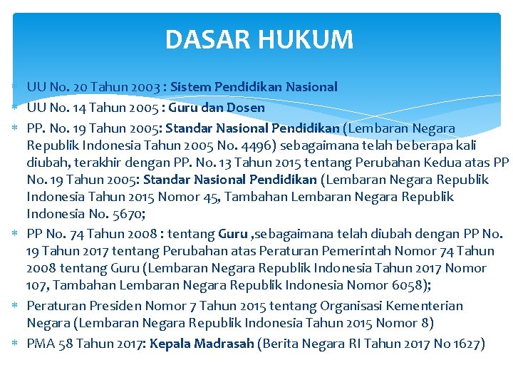  DASAR HUKUM UU No. 20 Tahun 2003 : Sistem Pendidikan Nasional UU No.