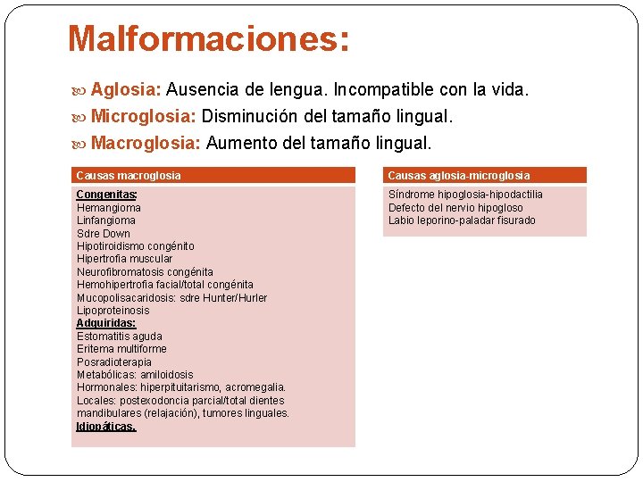 Malformaciones: Aglosia: Ausencia de lengua. Incompatible con la vida. Microglosia: Disminución del tamaño lingual.