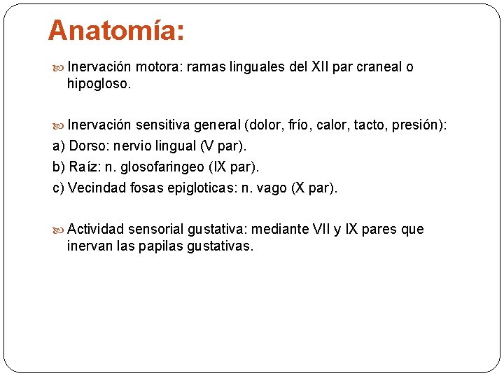 Anatomía: Inervación motora: ramas linguales del XII par craneal o hipogloso. Inervación sensitiva general
