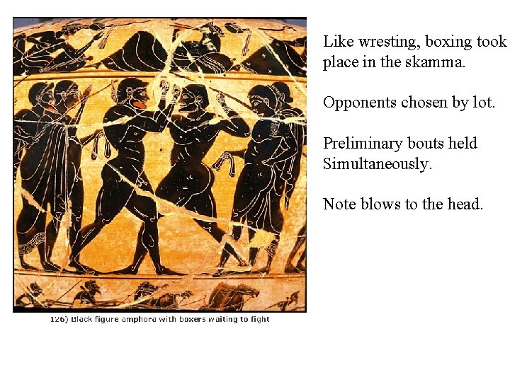 Like wresting, boxing took place in the skamma. Opponents chosen by lot. Preliminary bouts