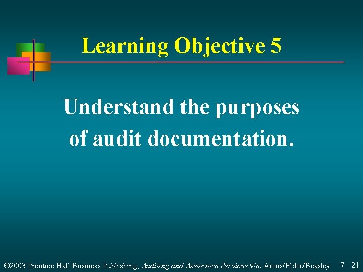 Learning Objective 5 Understand the purposes of audit documentation. © 2003 Prentice Hall Business