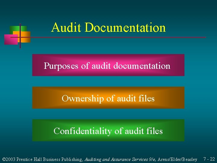 Audit Documentation Purposes of audit documentation Ownership of audit files Confidentiality of audit files