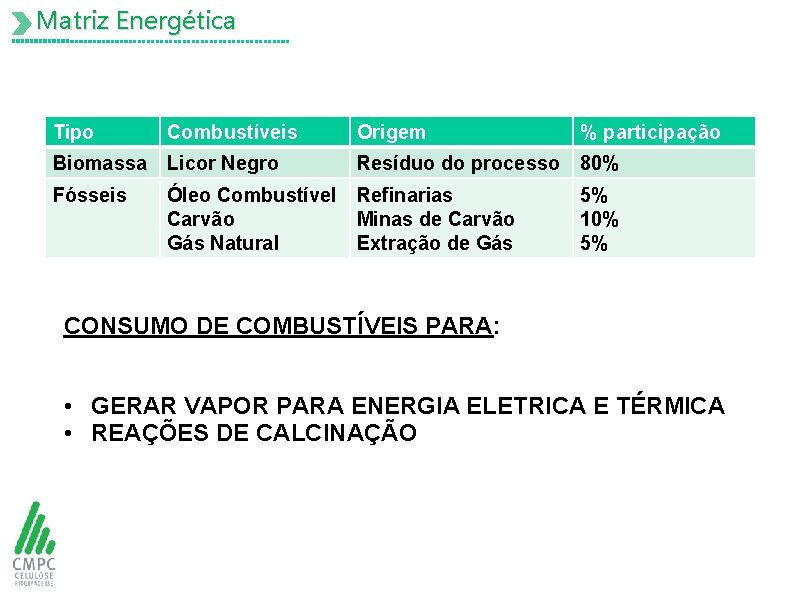 Matriz Energética Tipo Combustíveis Biomassa Licor Negro Fósseis Origem % participação Resíduo do processo