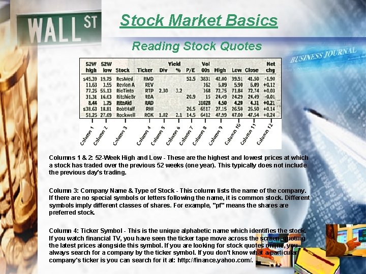 Stock Market Basics Reading Stock Quotes Columns 1 & 2: 52 -Week High and
