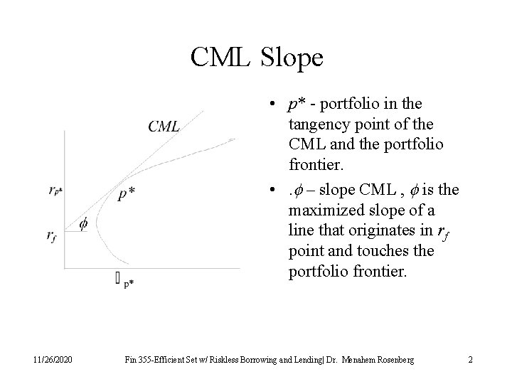 CML Slope • p* - portfolio in the tangency point of the CML and