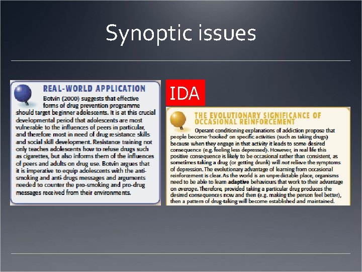 Synoptic issues IDA Synoptic issues IDA