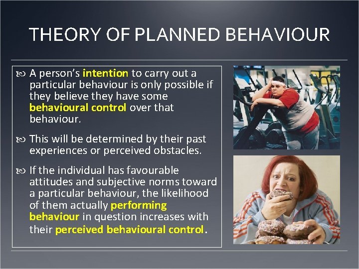 THEORY OF PLANNED BEHAVIOUR A person’s intention to carry out a particular behaviour is