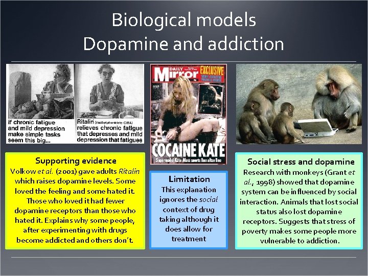 Biological models Dopamine and addiction Supporting evidence Volkow et al. (2001) gave adults Ritalin Biological models Dopamine and addiction Supporting evidence Volkow et al. (2001) gave adults Ritalin