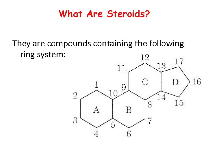 What Are Steroids? They are compounds containing the following ring system: 