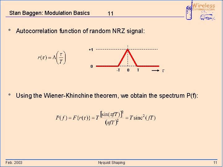 Stan Baggen: Modulation Basics • 11 Autocorrelation function of random NRZ signal: +1 0