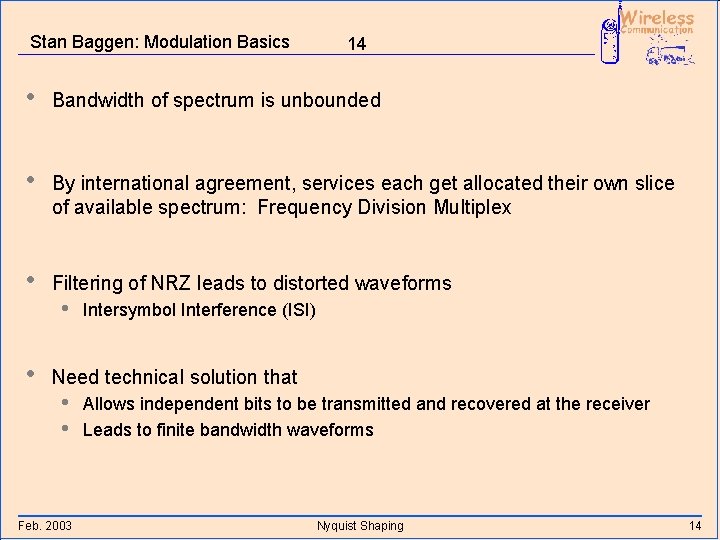 Stan Baggen: Modulation Basics 14 • Bandwidth of spectrum is unbounded • By international