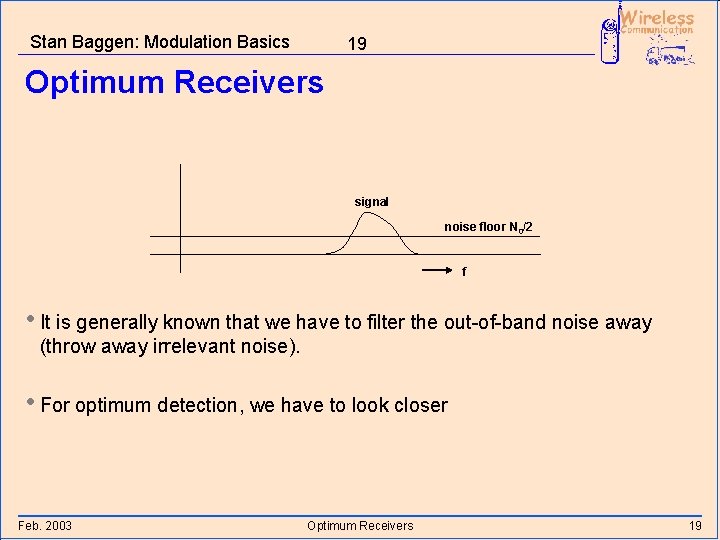 Stan Baggen: Modulation Basics 19 Optimum Receivers signal noise floor N 0/2 f •