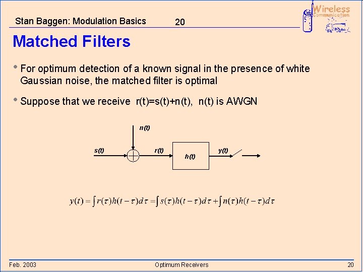 Stan Baggen: Modulation Basics 20 Matched Filters • For optimum detection of a known