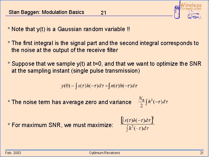 Stan Baggen: Modulation Basics 21 • Note that y(t) is a Gaussian random variable