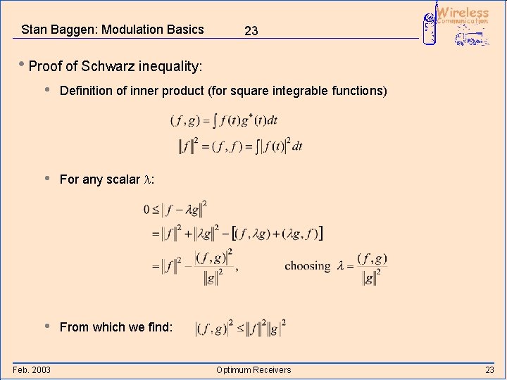 Stan Baggen: Modulation Basics 23 • Proof of Schwarz inequality: • Definition of inner