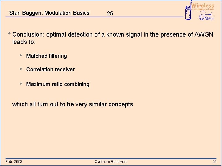 Stan Baggen: Modulation Basics 25 • Conclusion: optimal detection of a known signal in