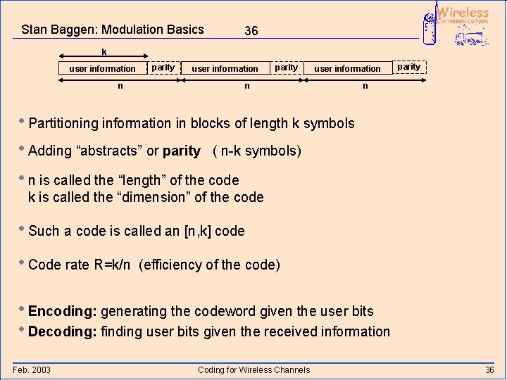 Stan Baggen: Modulation Basics 36 k user information n parity n • Partitioning information