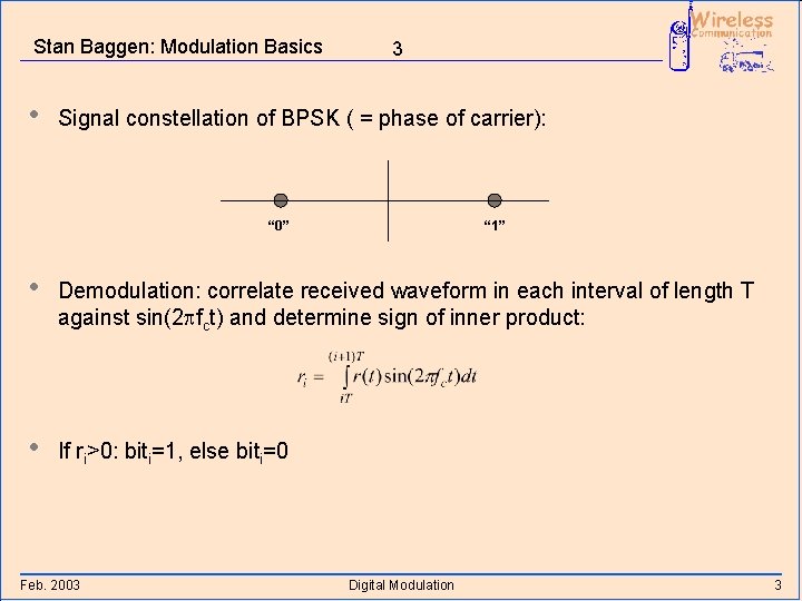 Stan Baggen: Modulation Basics • 3 Signal constellation of BPSK ( = phase of