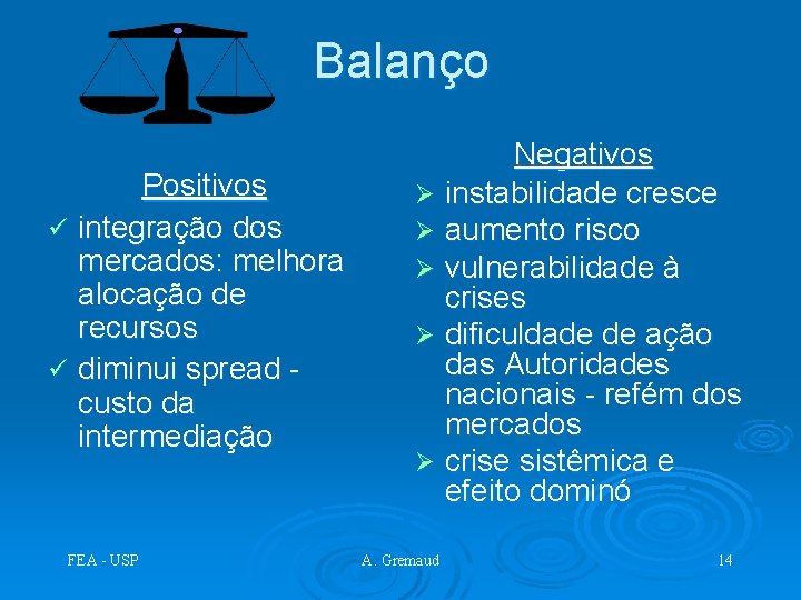 Balanço Positivos ü integração dos mercados: melhora alocação de recursos ü diminui spread custo