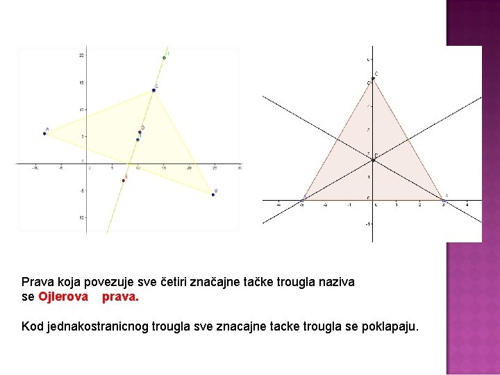 Prava koja povezuje sve četiri značajne tačke trougla naziva se Ojlerova prava. Kod jednakostranicnog