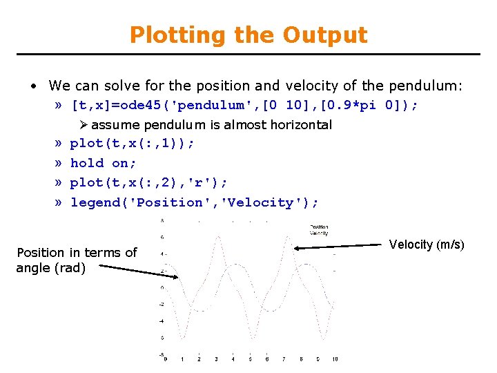 Plotting the Output • We can solve for the position and velocity of the