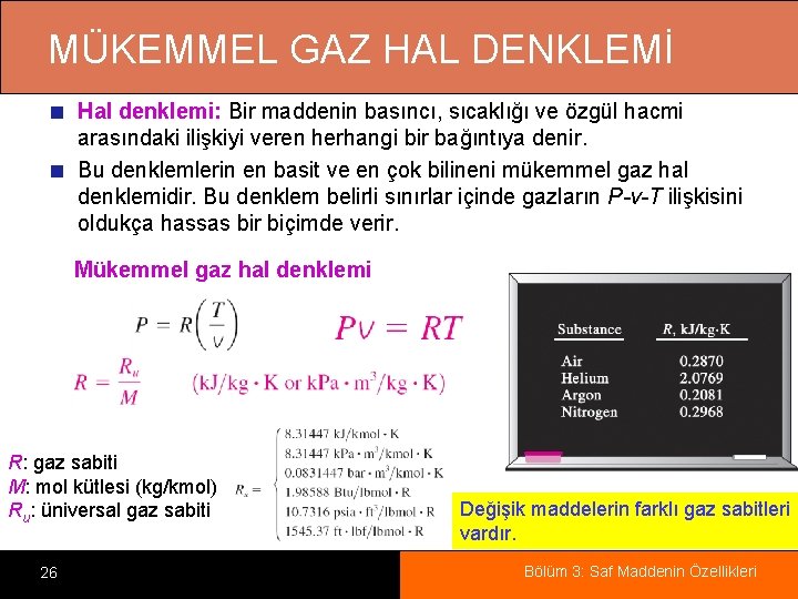 MÜKEMMEL GAZ HAL DENKLEMİ Hal denklemi: Bir maddenin basıncı, sıcaklığı ve özgül hacmi arasındaki