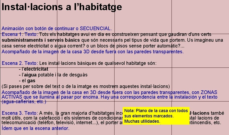 Instal·lacions a l’habitatge Animación con botón de continuar o SECUENCIAL. Escena 1. Texto: Tots