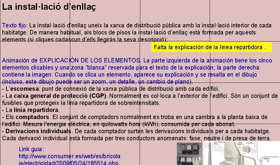La instal·lació d’enllaç Texto fijo: La instal·lació d'enllaç uneix la xarxa de distribució pública