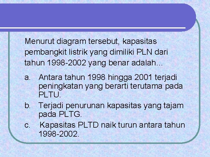 Menurut diagram tersebut, kapasitas pembangkit listrik yang dimiliki PLN dari tahun 1998 -2002 yang