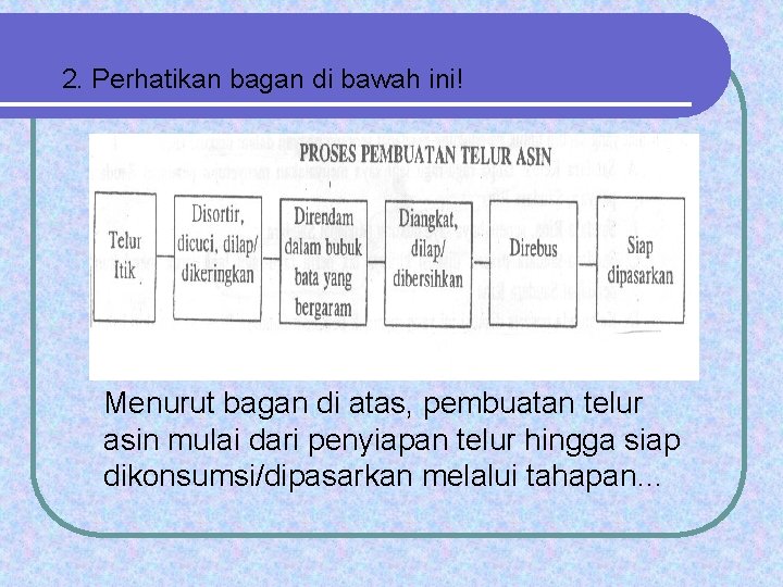 2. Perhatikan bagan di bawah ini! Menurut bagan di atas, pembuatan telur asin mulai