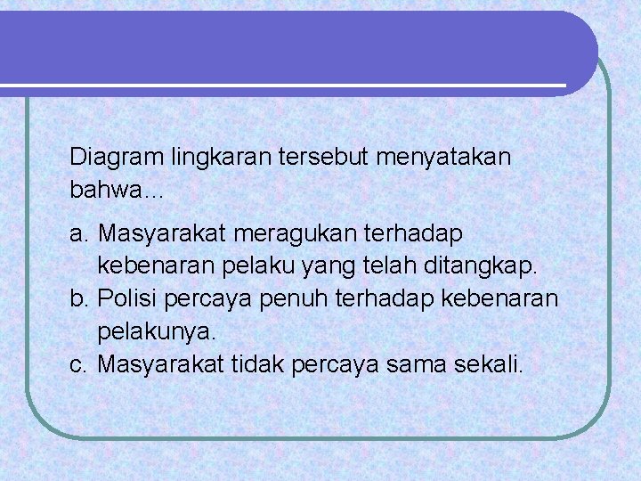 Diagram lingkaran tersebut menyatakan bahwa… a. Masyarakat meragukan terhadap kebenaran pelaku yang telah ditangkap.