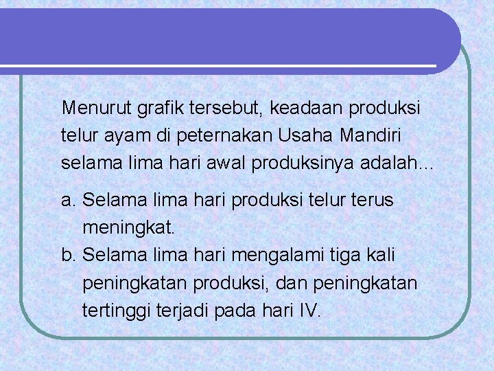 Menurut grafik tersebut, keadaan produksi telur ayam di peternakan Usaha Mandiri selama lima hari