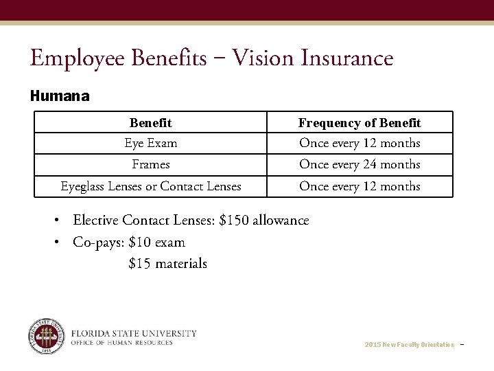 Employee Benefits ‒ Vision Insurance Humana Benefit Eye Exam Frequency of Benefit Once every