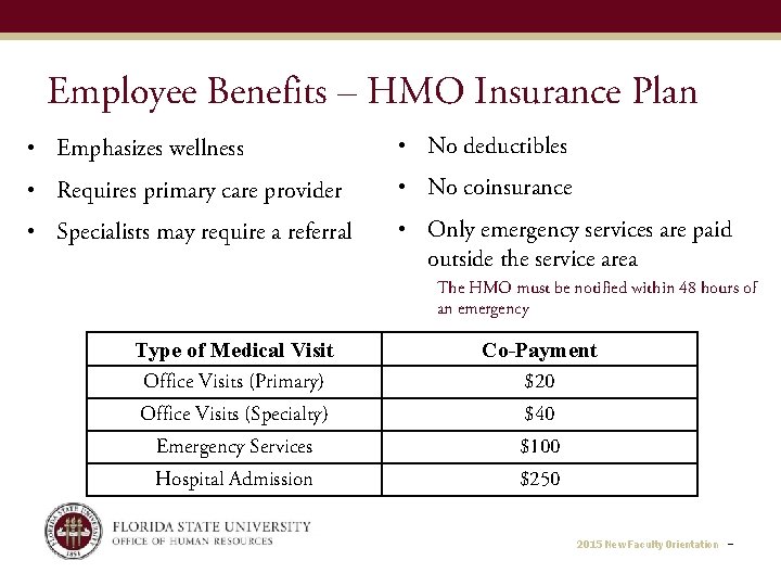 Employee Benefits – HMO Insurance Plan • Emphasizes wellness • No deductibles • Requires