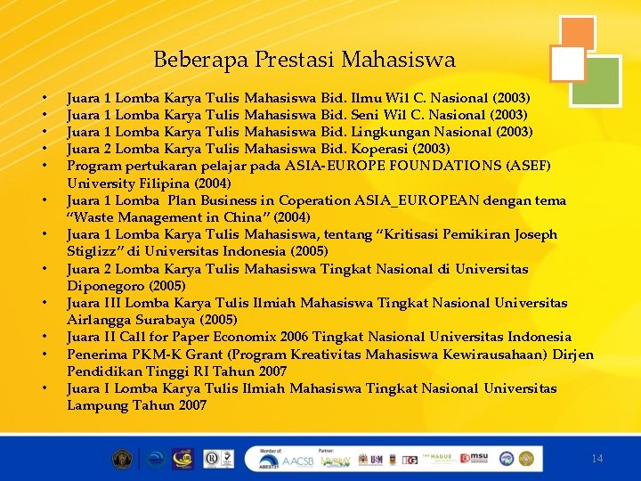 Beberapa Prestasi Mahasiswa • • • Juara 1 Lomba Karya Tulis Mahasiswa Bid. Ilmu